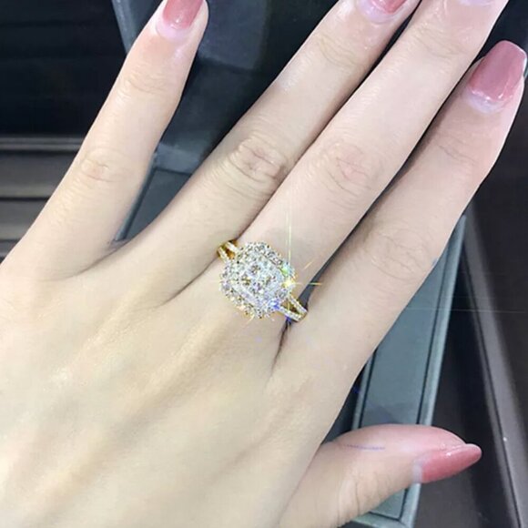 NEW 18k Yellow Gold Diamond Ring Cushion Cut Halo Ring - Picture 3 of 7